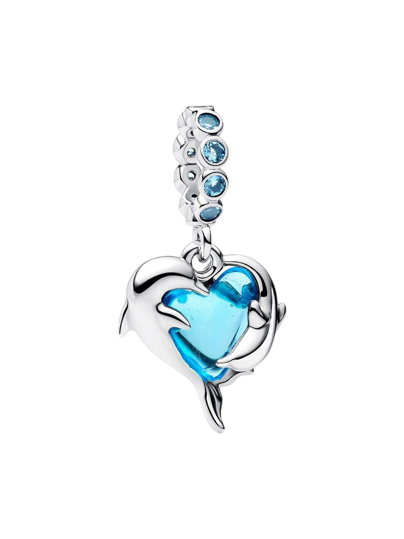 Pandantiv cu Delfini și Inimă Murano Albastră
